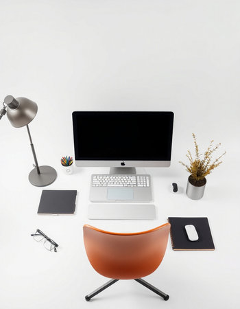 Modern workspace with computer and office supplies on white background. 3d rendering.