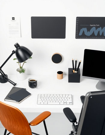 Top view of modern workplace with computer, coffee cup and other items. Mock upの写真素材