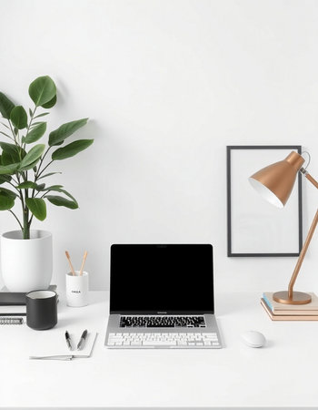 Modern workspace with blank screen laptop, supplies and decorations. Mock up, 3D Rendering