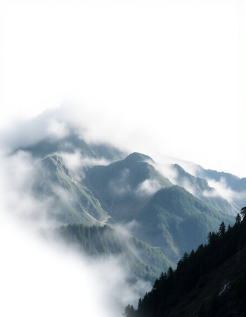 Mountain landscape with fog and clouds.