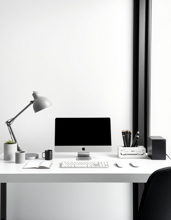 3d render of modern workspace with computer, supplies and coffee cup