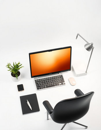 Modern workspace with laptop, smartphone and coffee cup on white background.