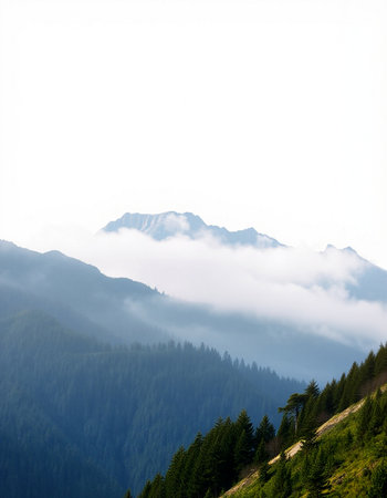 Mountain landscape with coniferous forest on the slope and fog