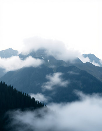 Mountain landscape with clouds and fog, Dolomites, Italy