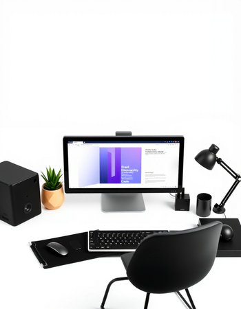 Modern workspace with computer on white background. 3d rendering. Computer screen.