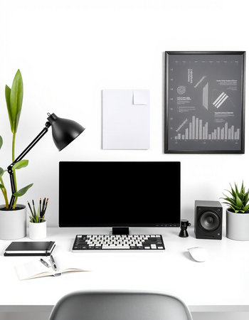 workplace with computer and stationery on white background. 3d rendering