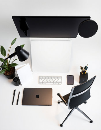 Modern office desk with laptop, tablet, coffee cup and stationery.