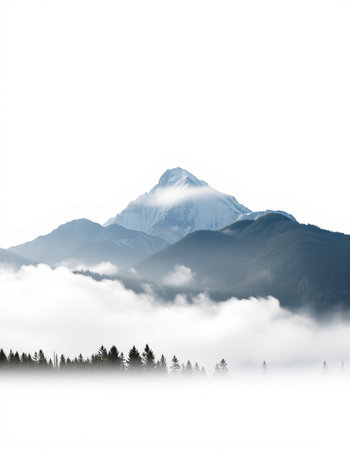 Mountains covered with fog and coniferous forest in the background
