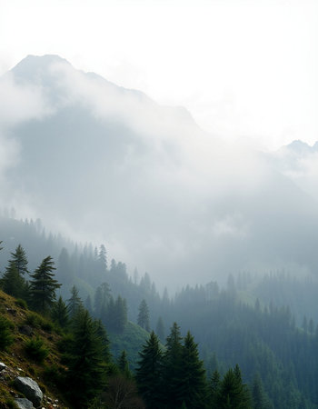 Foggy mountain landscape in Carpathian mountains, Ukraine.の写真素材