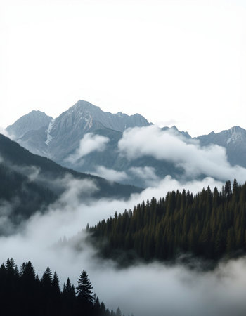 Mountain landscape with coniferous forest and fog in the morning