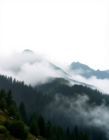 Foggy mountain landscape with coniferous forest in the foreground