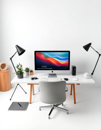 Modern workspace with computer on white table. Workplace concept. 3D Rendering