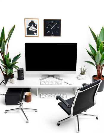 Modern workspace with computer, coffee cup, plant and accessories on white background