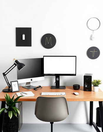 Interior of modern home office with white walls, wooden floor, white computer table, chair and black...