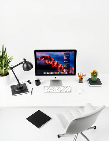 Modern workspace with computer and other items. 3d rendering. Mock up.