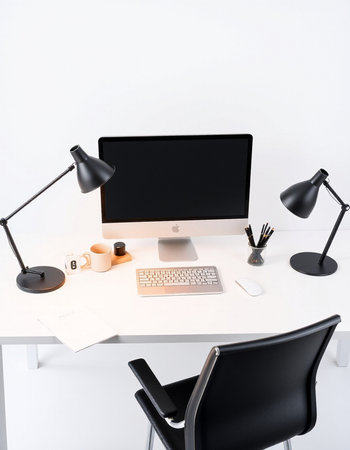 Modern workplace with computer, lamp and other items. Workplace conceptの写真素材