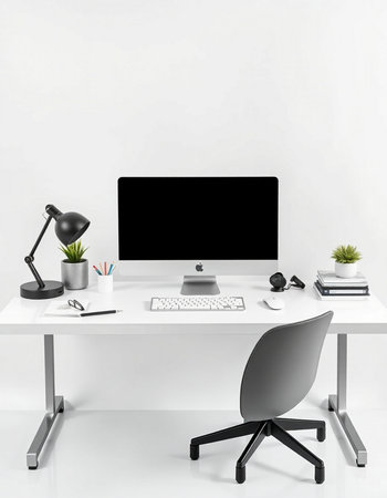 workplace with computer, lamp and stationery on a white background