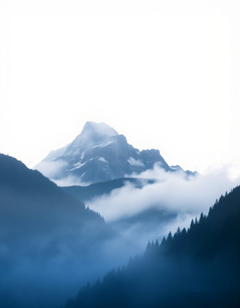Mountain landscape with fog in the morning. Caucasus Mountains, Georgia.の写真素材