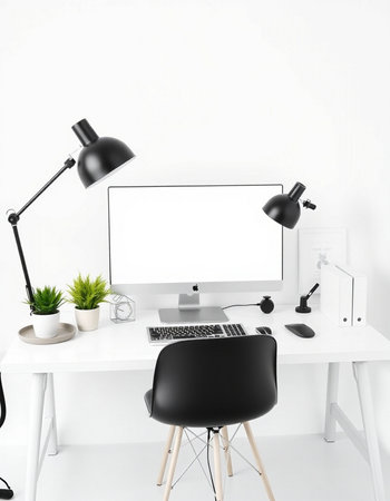 Modern workplace with computer, keyboard, mouse, lamp and other items