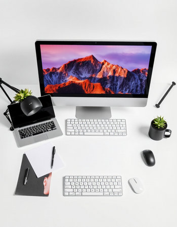Modern workplace with computer, keyboard, mouse and other objects on white background