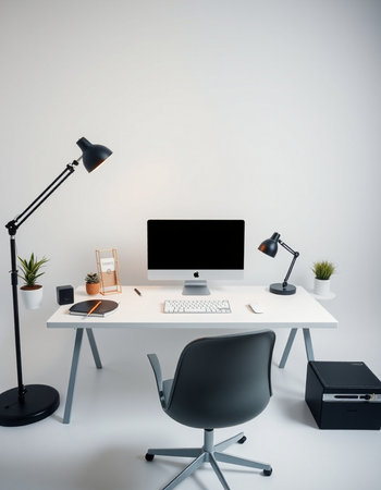 workplace with computer, lamp and other objects, 3d renderの写真素材