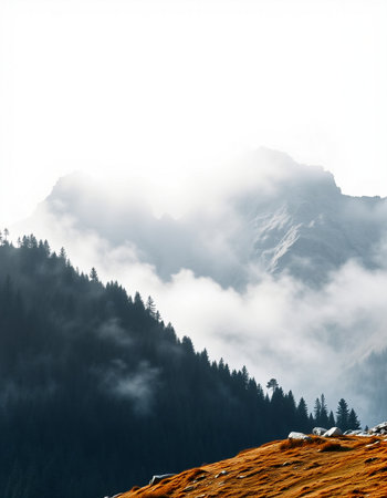 Mountain landscape with snow and fog, Dolomites, Italy