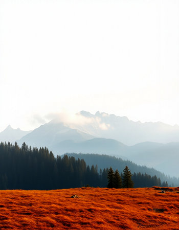Mountain landscape with red grass and coniferous forest at sunset