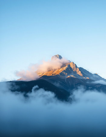 Peak of a mountain with clouds in the morning.