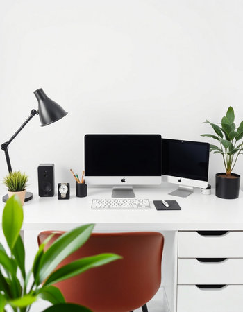 Workplace with computer, keyboard, mouse, lamp, notebook and plant.の写真素材