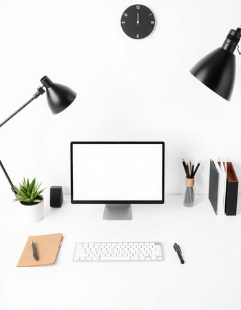 Modern workplace with computer, books and stationery on white wall backgroundの写真素材