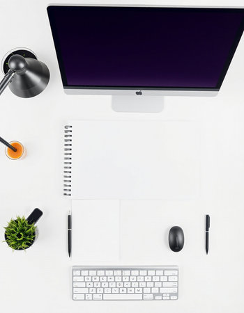 White office desk table with computer, supplies and coffee cup. Flat lay, top view