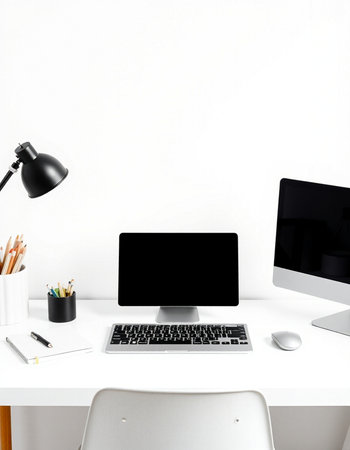 Modern workspace with blank computer screen, supplies and coffee cup on white table. Mock up, 3D...