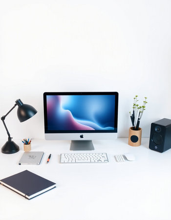 Close up of modern desktop with blank computer screen, office supplies and other items. Mock upの写真素材