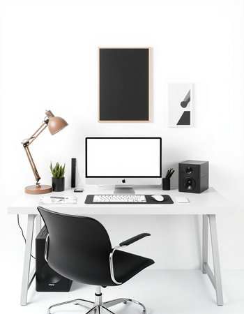Workplace with computer, lamp and other items. 3d rendering