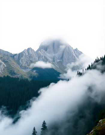 Mountain landscape with clouds and fog. Dolomites, Italy