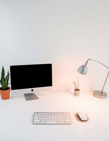Minimalistic workspace with computer, keyboard, mouse, lamp and plant. 3D Rendering