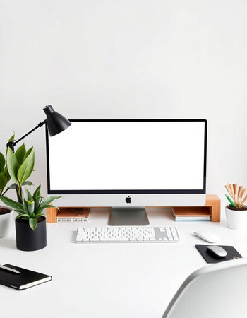 Modern workspace with blank screen computer, supplies and decorations.