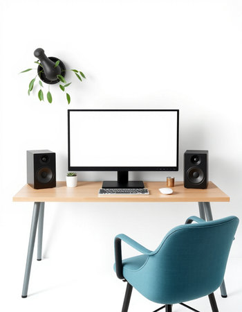 Modern workspace with computer, chair and speakers. 3d render.