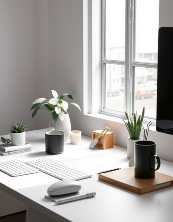 Modern workplace with computer, stationery and plants on table in office