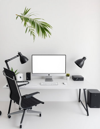 workplace with computer, plant, lamp and chair on white wall