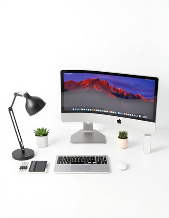 Modern workspace with computer on white background. 3d rendering.