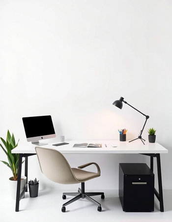 workplace with computer, lamp and plant on white wall background, 3d render