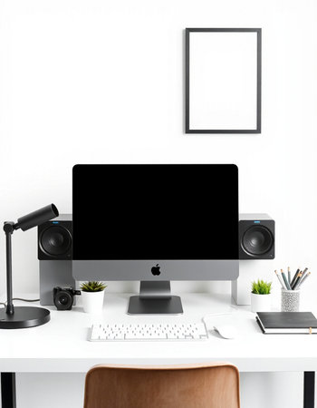 Minimalistic workplace with computer on white office desk with blank picture frame. 3D Rendering