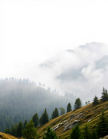 Mountain landscape with coniferous forest and fog on the topの写真素材