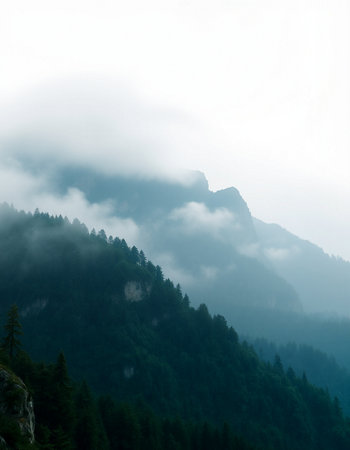 Foggy mountain landscape with coniferous forest on the slope