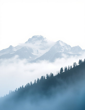 Mountain landscape with fog and coniferous forest. Caucasus, Russia