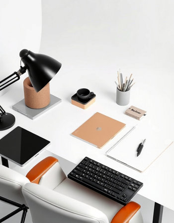 Modern office desk with a lot of objects.