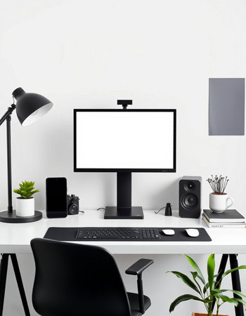 Modern workspace with computer and blank screen mockup. 3d rendering