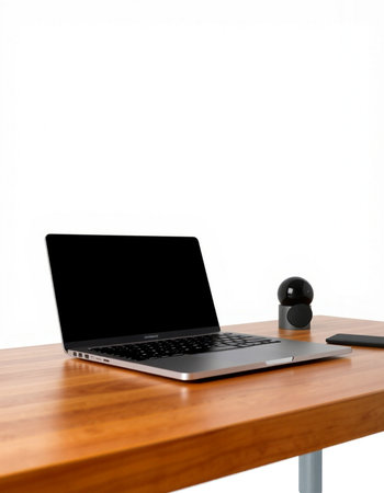 Laptop with blank screen on wooden table and white wall background.
