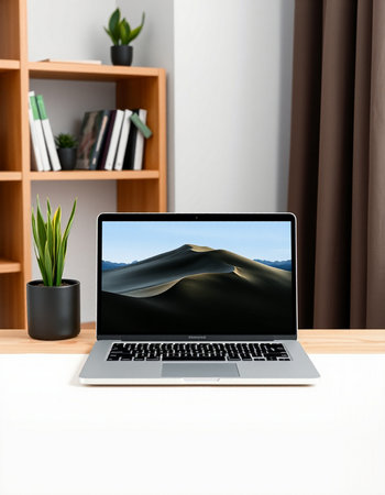 laptop with screen on table in modern living room, 3d render